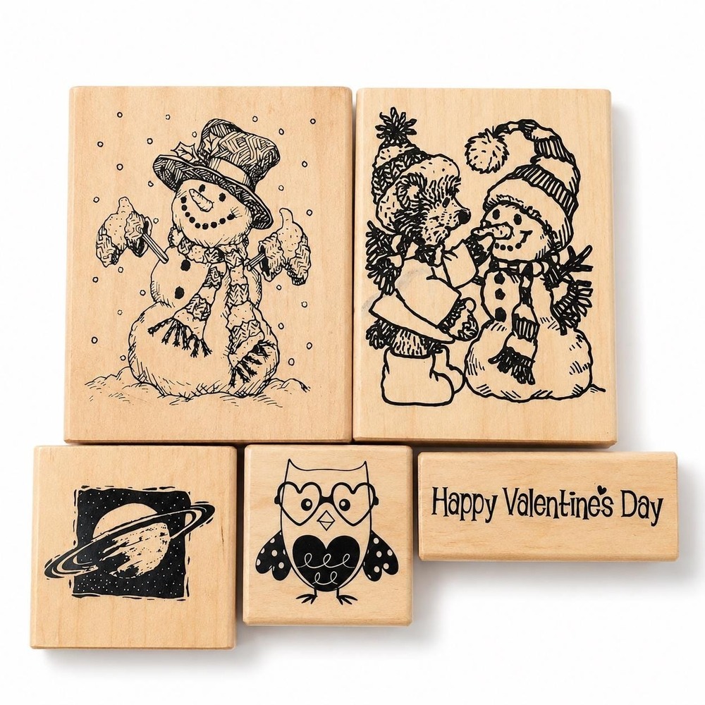 Discontinued Anita's Snowman Rubber Stamp Lot Vintage Owl Saturn Valentine 5pc